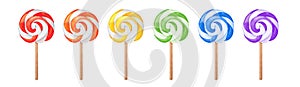 Watercolor illustration set of multi colored swirly lollipop candies on wooden stick.