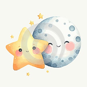 Watercolor illustration set of nursery elements cute moon and star.