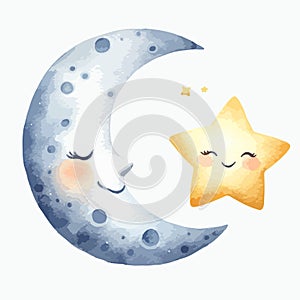 Watercolor illustration set of nursery elements cute moon and star.