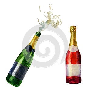 Watercolor illustration set. An open bottle of champagne, pouring foam and a red bottle of champagne, sparkling wine