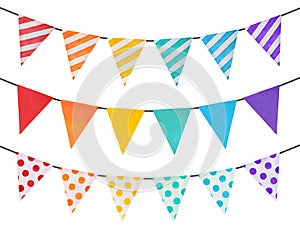 Watercolor illustration set of party garlands with rainbow colored triangular flags of various patterns.