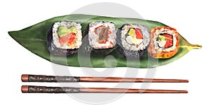 Watercolor illustration of a set of sushi rolls on a sheet of kelp and chopsticks.