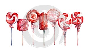 Watercolor Illustration Set Of Sweet Red Lollipops