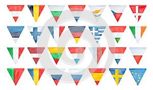 Watercolor illustration set of triangular flags of European Union member countries.