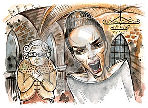 Watercolor illustration of shouting woman