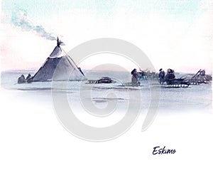 Watercolor illustration of siberian landscape and people