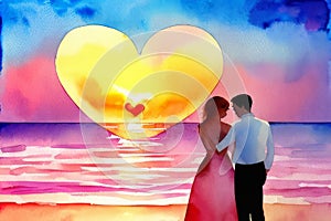 Watercolor illustration Silhouette of loving couple. Lovers at at orange sunset dawn. Generative AI.