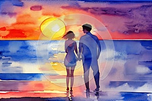 Watercolor illustration Silhouette of loving couple. Lovers at at orange sunset dawn. Generative AI.