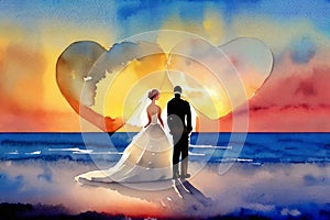 Watercolor illustration Silhouette of loving couple. Lovers at at orange sunset dawn. Generative AI.