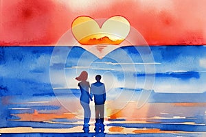 Watercolor illustration Silhouette of loving couple. Lovers at at orange sunset dawn. Generative AI.