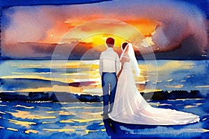 Watercolor illustration Silhouette of loving couple. Lovers at at orange sunset dawn. Generative AI.