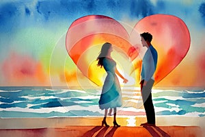 Watercolor illustration Silhouette of loving couple. Lovers at at orange sunset dawn. Generative AI.