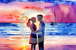 Watercolor illustration Silhouette of loving couple. Lovers at at orange sunset dawn. Generative AI.