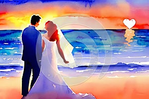 Watercolor illustration Silhouette of loving couple. Lovers at at orange sunset dawn. Generative AI.