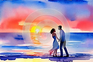 Watercolor illustration Silhouette of loving couple. Lovers at at orange sunset dawn. Generative AI.