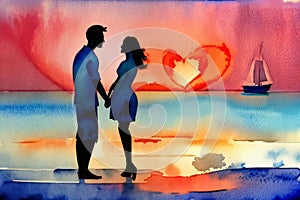 Watercolor illustration Silhouette of loving couple. Lovers at at orange sunset dawn. Generative AI.