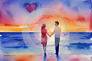 Watercolor illustration Silhouette of loving couple. Lovers at at orange sunset dawn. Generative AI.