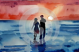 Watercolor illustration Silhouette of loving couple. Lovers at at orange sunset dawn. Generative AI.