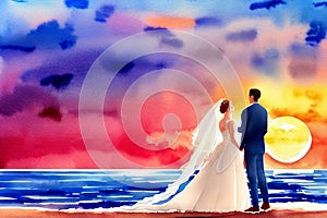 Watercolor illustration Silhouette of loving couple. Lovers at at orange sunset dawn. Generative AI.