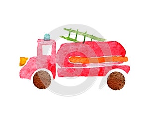 Watercolor illustration of a simple fire truck on a white background isolated.