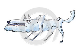 Watercolor illustration of skinny grey angry wolf grinning and growling before attack