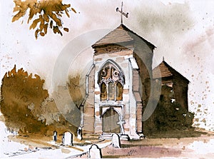 Watercolor illustration of a small chapel with a tower with a spire and several trees