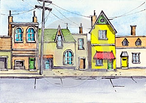 Watercolor illustration of a small and cozy town street
