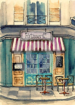 Watercolor illustration of a small French bakery