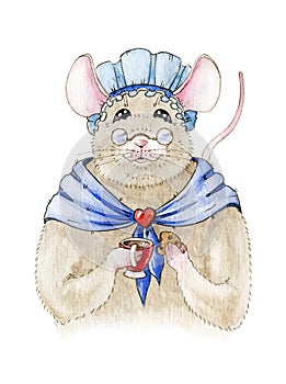 Watercolor illustration of a small funny mouse in a blue cap and shawl. Cute little rat with a cup and cookie, wearing glasses.