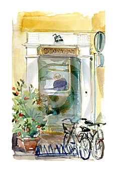 Watercolor illustration of a small italian shop front with bicycles and plants outside. Street scene