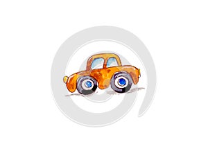 watercolor illustration of a small toy car in orange color. isolated on a white background