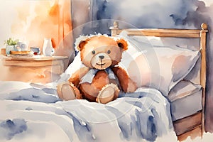 Watercolor illustration of a smiling brown teddy bear sitting alone on the bed.