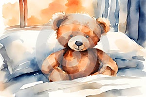 Watercolor illustration of a smiling brown teddy bear sitting alone on the bed.