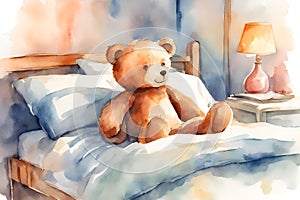 Watercolor illustration of a smiling brown teddy bear sitting alone on the bed.