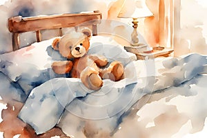 Watercolor illustration of a smiling brown teddy bear sitting alone on the bed.