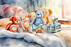 Watercolor illustration of smiling brown teddy bears sitting alone on the bed.
