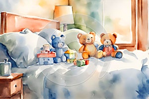 Watercolor illustration of a smiling brown teddy bears sitting alone on the bed.