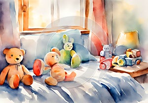 Watercolor illustration of a smiling brown teddy bears sitting alone on the bed.