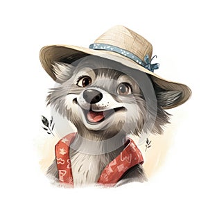 Watercolor illustration of a smiling wolf wearing a summer hat on a white background