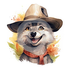 Watercolor illustration of a smiling wolf wearing a summer hat on a white background