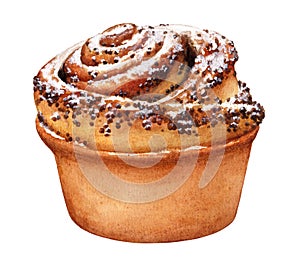 Watercolor illustration of a snail bun with poppy seeds and powdered sugar