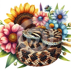 Watercolor illustration of a snake in a bouquet of flowers. Western theme