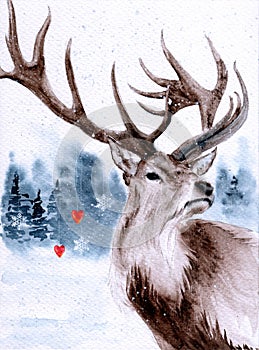 Watercolor illustration of a snowy landscape with a reindeer