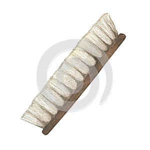 Watercolor illustration of soft brush with wooden handle and natural pile. For cleaning, for grooming. Isolated