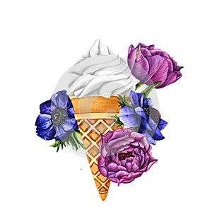 Watercolor illustration of soft serve ice cream cone with pink peon, blue anemone flowers. Sweet summer dessert with