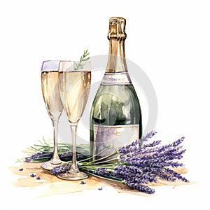 Watercolor Illustration Of Sparkling Wine And Lavender Flowers photo