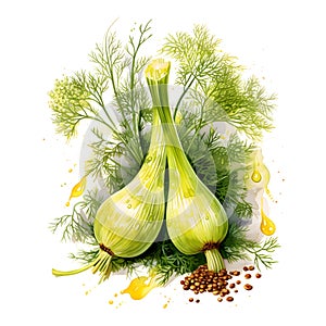 Watercolor illustration of Spices. bunch of celery with celery flowers
