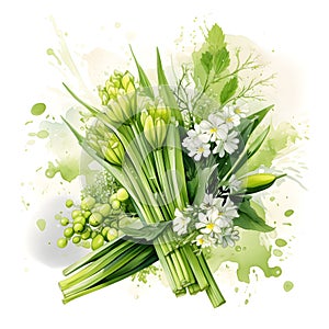 Watercolor illustration of Spices. bunch of celery with celery flowers,ai generated