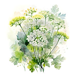 Watercolor illustration of Spices. bunch of parsley with parsley flowers.ai generated