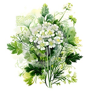 Watercolor illustration of Spices. bunch of parsley with parsley flowers.ai generated